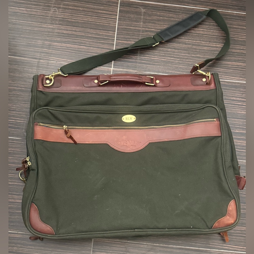Vintage Orvis Battenkill Garment Bag with Brown Leather Trim - Olive Green Rare
